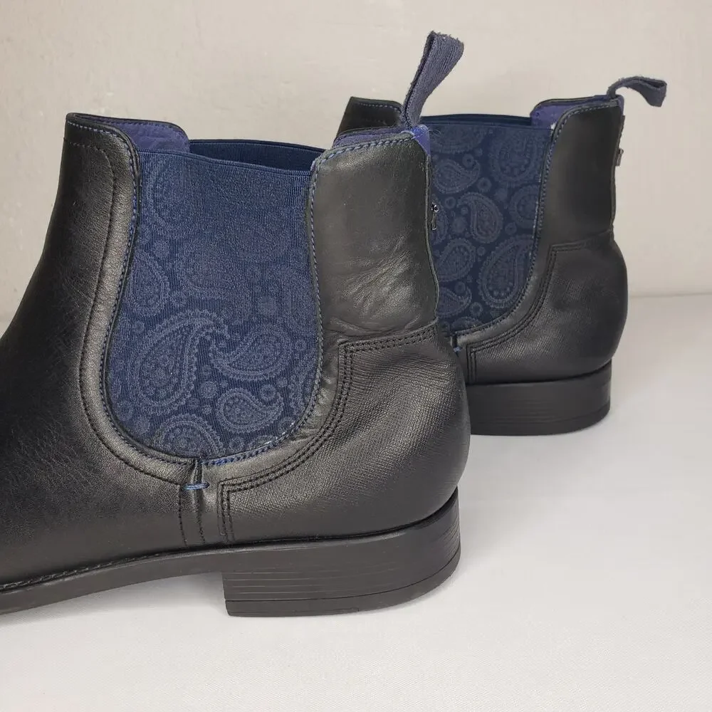 Ted Baker London Black Leather Chelsea Boots with Navy Elastic Panels